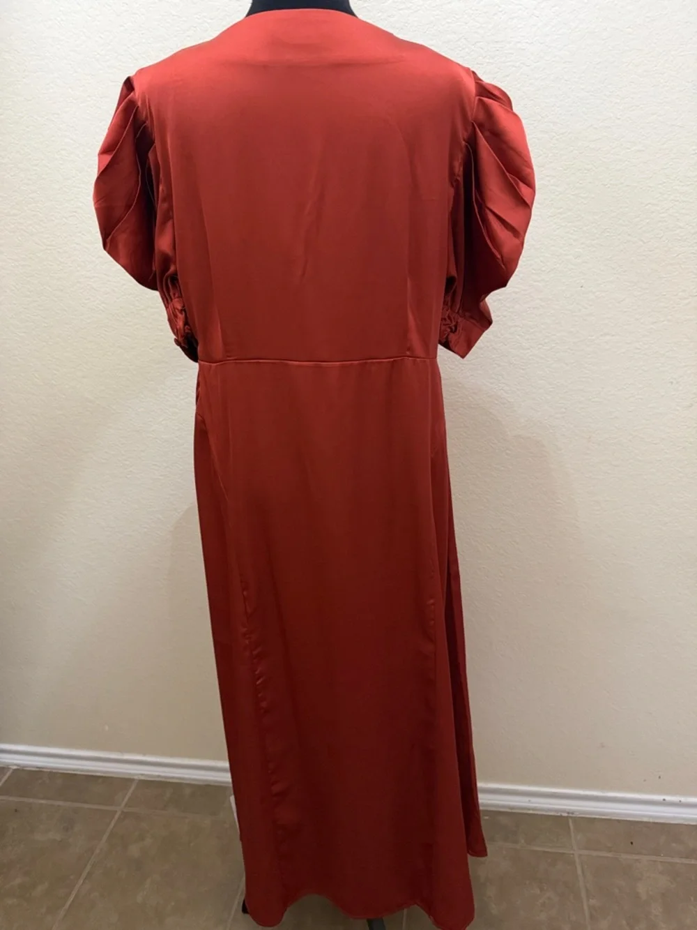 Satin Rust Orange V-Neck Maxi Dress with Puff Sleeves - Picture 6 of 6